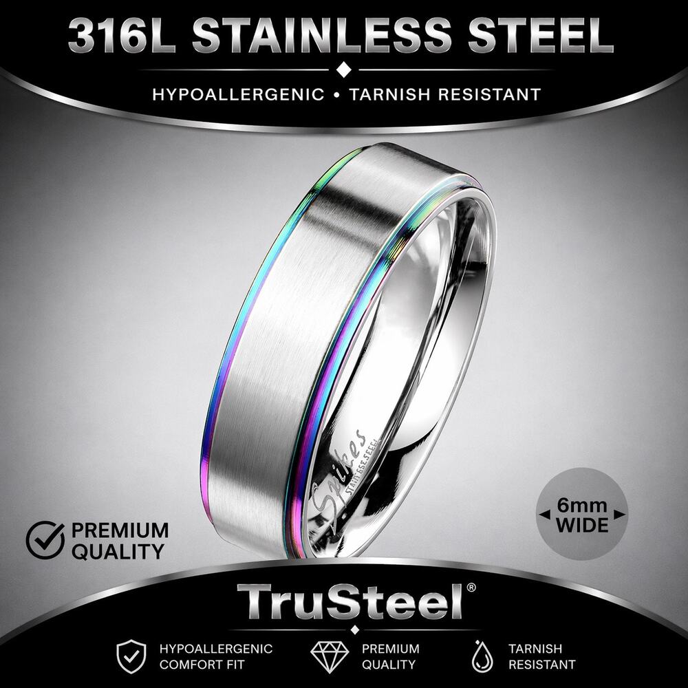 Women’s Rainbow 316L Stainless Steel Classic Band Ring 6mm width size 7